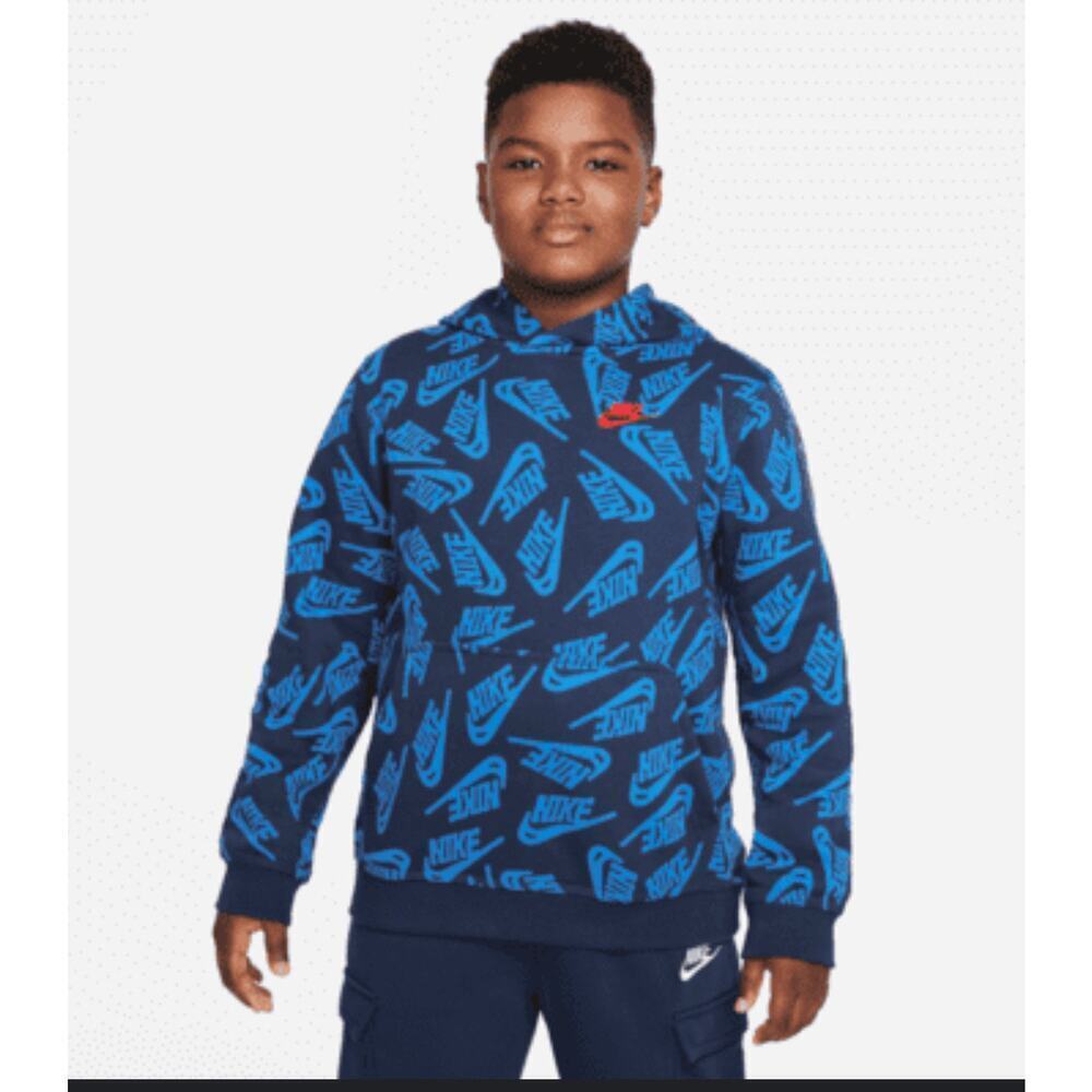 Nike club boys Blue Sport Essentials All Over print Pullover Hoodie Size XL